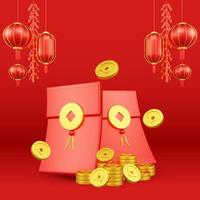 ilustração 3d do ano novo chinês com ornamento para página inicial de mídia social de promoção de eventos com envelope vermelho e moedas para celebração do ano novo chinês foto