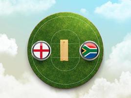 bandeiras de críquete inglaterra x áfrica do sul com ilustração 3d do estádio de celebração do escudo foto