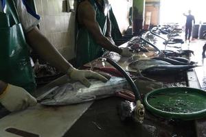 maldivas masculinas limpando as mãos de peixe no mercado foto