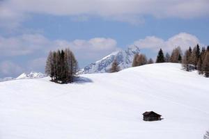 uma cabana de madeira no fundo da neve do inverno foto
