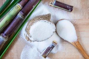 açúcar branco e cana-de-açúcar na mesa foto