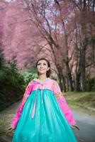 hanbok, o vestido tradicional coreano e linda garota asiática com sakura foto