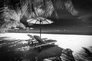 lindo céu tropical e paisagem do mar nas maldivas. praia de preto e branco de longa exposição, cenário dramático, tons de branco e preto, processo artístico. férias de verão tranquilas em vista dramática foto