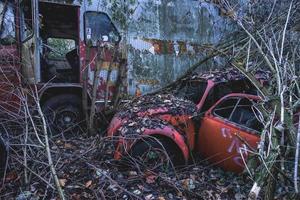 velhos carros abandonados jogados na floresta em algum lugar da Bélgica. foto