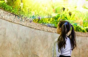 menina observando peixes em um grande aquário foto