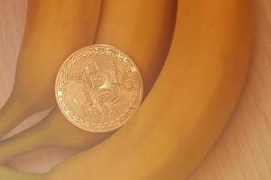 moeda de ouro bitcoin em bananas frescas foto