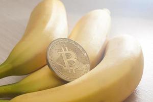moeda de ouro bitcoin em bananas frescas foto