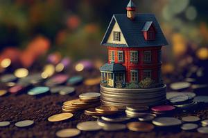 casa colorida em miniatura em moedas de pilha usando como propriedade e conceito financeiro foto