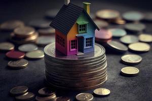 casa colorida em miniatura em moedas de pilha usando como propriedade e conceito financeiro foto