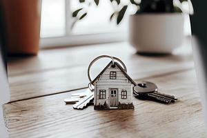 conceito imobiliário - chaveiro e chaves em fundo branco de madeira foto
