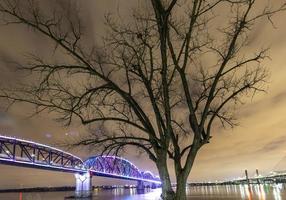 vista sobre a big four bridge e o rio ohio em louisville à noite com iluminação colorida na primavera foto