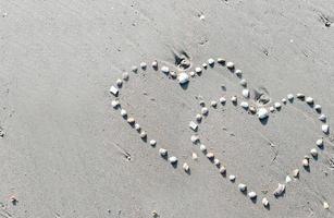 concha do mar fechada faz corações arranjados na praia de areia cinza com luz do sol no verão foto