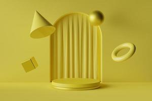 pódio circular com porta de arco com cortina e exibição de produto em forma de geometria abstrata flutuante renderização 3d ilustração fundo tema de cor amarela foto