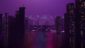 3d renderização do conceito de paisagem de cidade noturna cyber punk. luz brilhando na cena escura. vida noturna. rede de tecnologia para 5g. além da geração e futurista da capital da ficção científica e da cena do edifício. foto