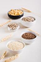 gergelim, sementes de linho, quinoa, sementes de girassol e grão de bico em tigelas. comida saudável. visão vertical foto