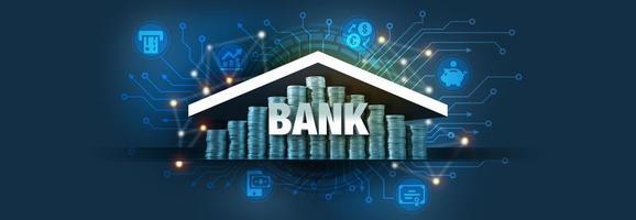 colunas de moedas formando a silhueta de um prédio bancário. conceito de serviços bancários representado com ícones em fundo azul escuro foto