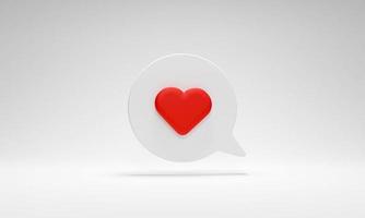 ícone de coração de notificação na caixa de bate-papo sobre fundo branco. conceito de rede social, notificação de mídia social, ideias de negócios mostrando satisfação e avaliação, um símbolo de amor. ilustração 3D foto
