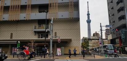 Tóquio, Japão, em julho de 2019. condições em uma rua em Tóquio, onde você pode ver a passagem de pedestres e turistas andando de riquixás turísticos foto