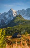 dia ensolarado de outono de alta montanha tatra, paisagem relaxante, vista alp. vista natural durante o trekking de verão em terras altas com vista para picos e colinas rochosas. parque nacional na polônia. foto