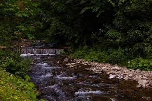 belas corredeiras de paisagem em um rio de montanhas à luz do sol. efeito colorido de imagem filtrada. foto