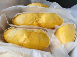 feche a cor amarela dourada da carne durian embrulhada em papel branco, sabor doce, forma natural e forma, frutas tropicais da estação, rei das frutas, tailândia foto