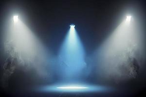 palco iluminado e fumaça azul. relâmpago noturno na névoa. holofotes foto