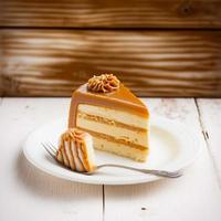 bolo de caramelo em fundo de madeira branca generativa ai foto