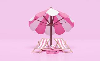 viagem de verão com mala, cadeira de praia, guarda-chuva, bola isolada em fundo rosa. ilustração 3d do conceito, renderização em 3d foto