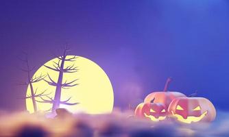 renderização 3D, feliz dia das bruxas fundo com cena noturna e design assustador bonito. abóboras de halloween, decorações de caveira, fantasma e aranha em fundo roxo escuro. festa doces ou travessuras comemorar. foto