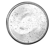 gel com ácido hialurônico. fundo branco com bolhas de oxigênio. gel cosmético em uma placa de petri foto