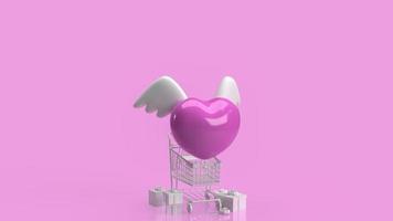 o coração rosa e asa branca carrinho de supermercado branco e caixa de presente na renderização 3d de fundo rosa foto
