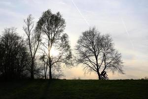 silhueta de pessoas andando de bicicleta em uma estrada rural ao pôr do sol ao longo do rio danúbio em regensburg, alemanha, europa. foto