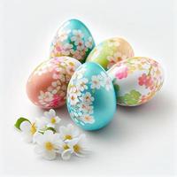 ovos de páscoa coloridos com flores de cerejeira em fundo branco. design para o dia de páscoa. foto