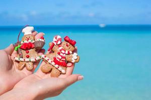 biscoitos de gengibre de natal nas mãos contra o mar turquesa foto