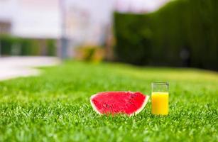 fatia de melancia madura vermelha e copo de suco de laranja na grama verde