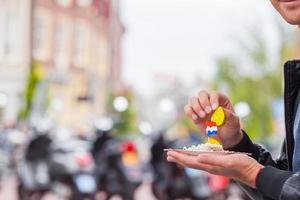 arenque fresco com cebola e bandeira da Holanda em mãos masculinas closeup. comida holandesa tradicional foto