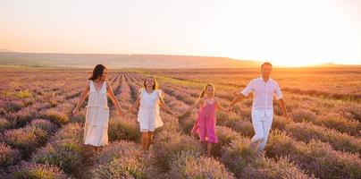 família no campo de flores de lavanda ao pôr do sol foto