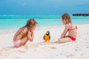 adoráveis meninas na praia com papagaio colorido foto