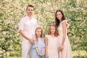 família adorável no jardim cerejeira florescendo em lindo dia de primavera foto