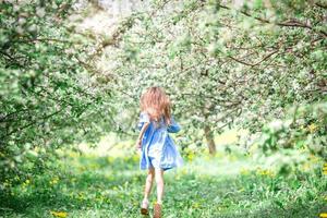 menina adorável no jardim de maçã florescendo em lindo dia de primavera foto