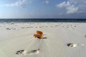 lixo na praia de areia paradisíaca de ilha tropical foto