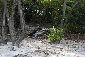 lixo na praia de areia paradisíaca de ilha tropical foto