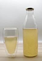 garrafa de vidro de suplemento dietético biológico de aloe vera orgânico. aloe vera é uma planta que é usada em suplementos alimentares devido aos seus potenciais benefícios para a saúde. foto