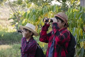 meninos asiáticos estão usando binóculos para observar os pássaros na floresta tropical durante o acampamento de verão, ideia para aprender criaturas e animais selvagens e insetos fora da sala de aula. foto