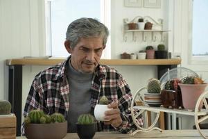 retrato idoso homem asiático sênior senta-se perto da janela de vidro pela manhã para trabalhar em casa e verificando seus negócios em seu laptop na mesa com foco sério, suave e seletivo. foto