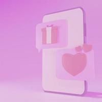 Bate-papo de foto de ilustração 3D com o conceito de dia dos namorados. smartphone, bate-papo com bolhas, amor e coração