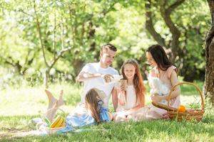 família feliz em um piquenique no parque em um dia ensolarado foto