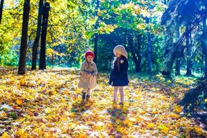 duas lindas garotas adoráveis andando na floresta de outono no dia quente e ensolarado do outono foto