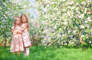 meninas adoráveis no dia de primavera ao ar livre caminham no jardim de maçã foto