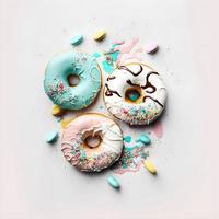 rosquinhas em fundo branco, perfeito para publicidade, embalagens, menus, livros de receitas. destacando textura e detalhes, filmado de cima, alta resolução adequada para impressão, pôsteres, banners e muito mais foto